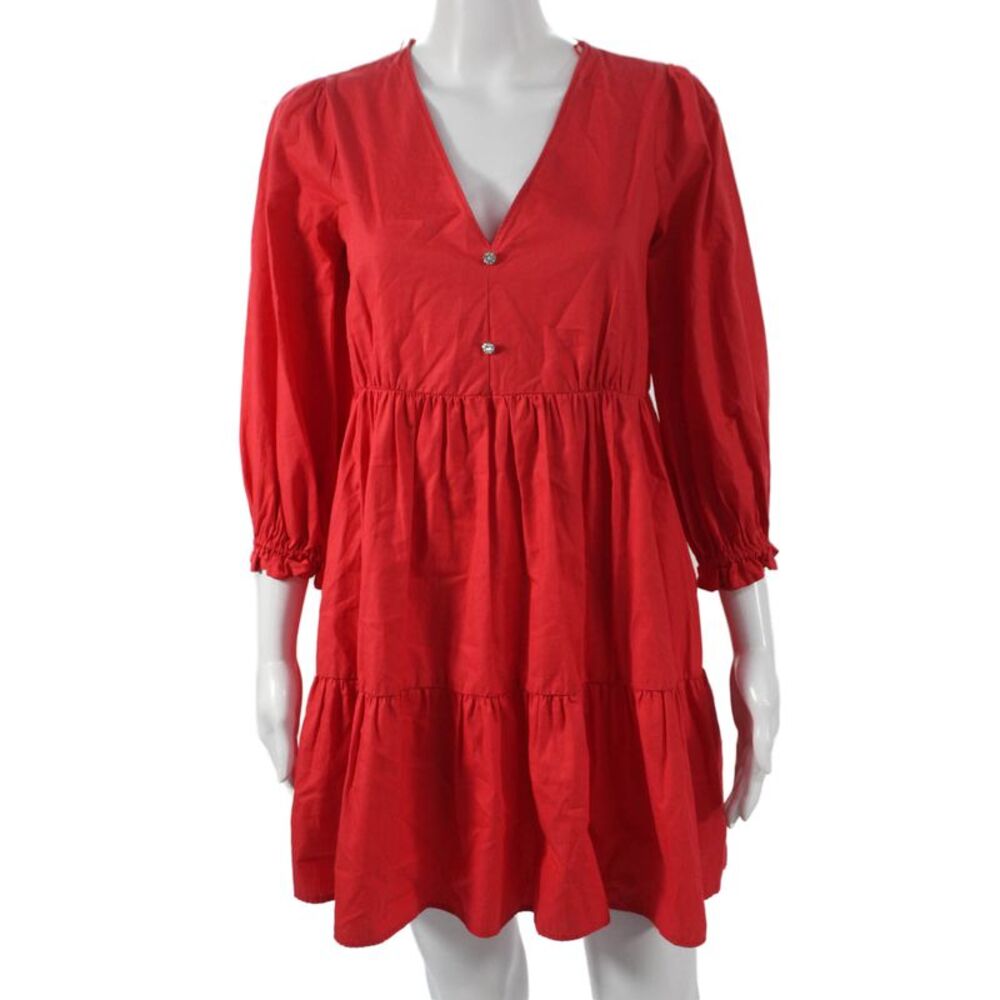Zara Women A-Line Red V-Neck Cotton Short Long Sleeve Dress Size XS